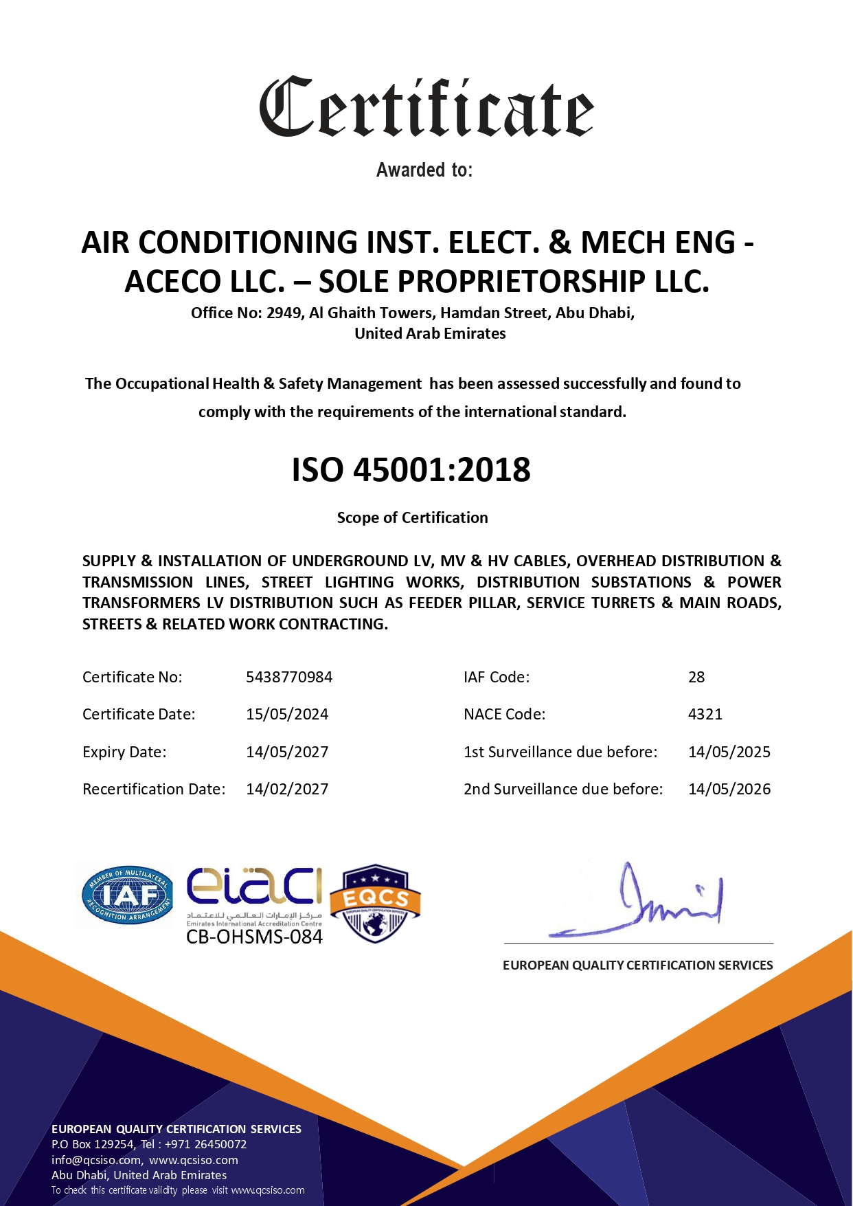 ISO 45001:2018 Certificate